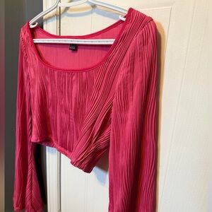 Pleated Hot Pink Long Sleeve Crop Top